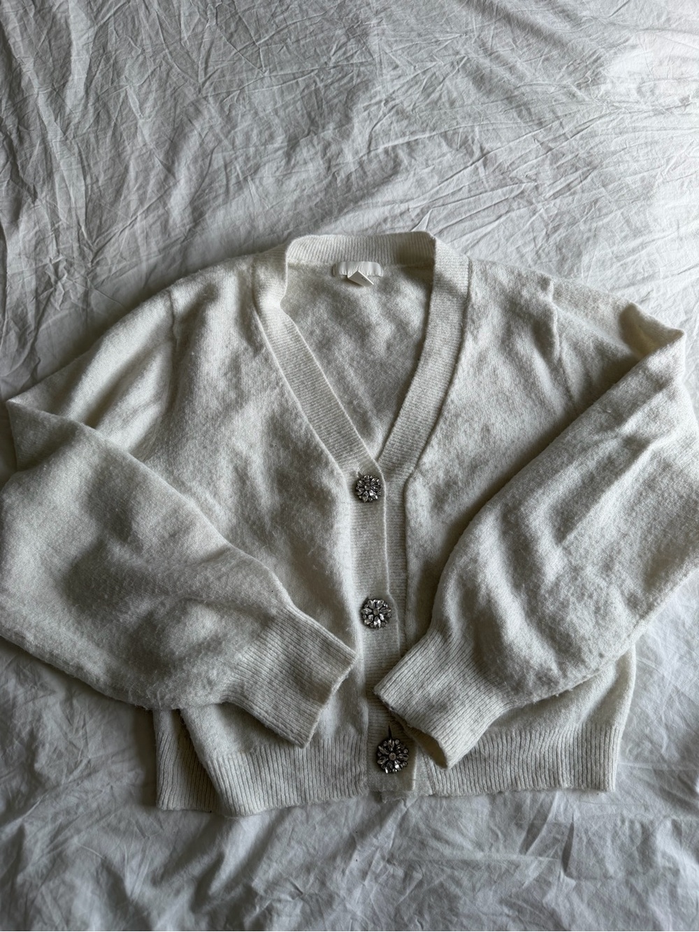 White V‑Neck Cardigan with Crystal Buttons